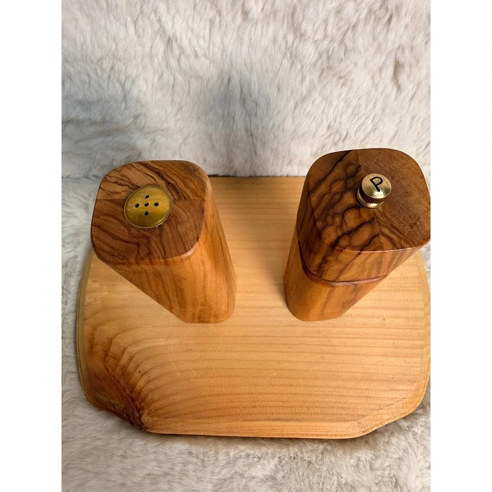 Olive Wood Salt Shaker and Pepper Mill Set Brass Hardware Handcrafted Woodware